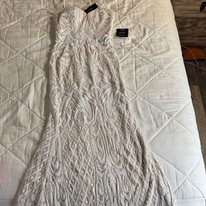 Lulu's Cream Strapless Dress with Intricate Patterns